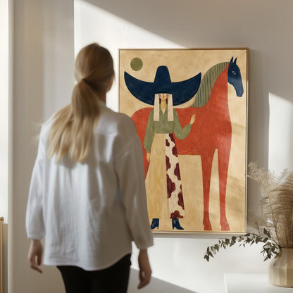 Woman in a navy hat standing by a red horse with a dark head under a moon, canvas print shown to scale in a furnished room