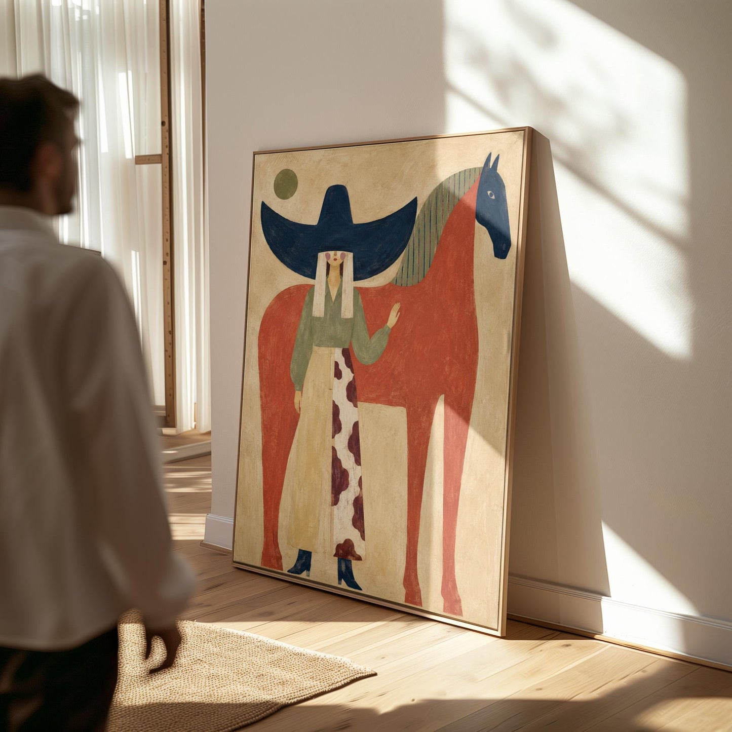 Woman in a navy hat standing by a red horse with a dark head under a moon, canvas print displayed on a neutral wall in a styled interior