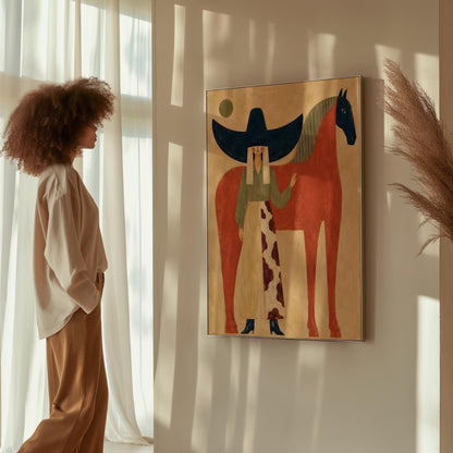 Woman in a navy hat standing by a red horse with a dark head under a moon, canvas wall art styled against a soft white wall