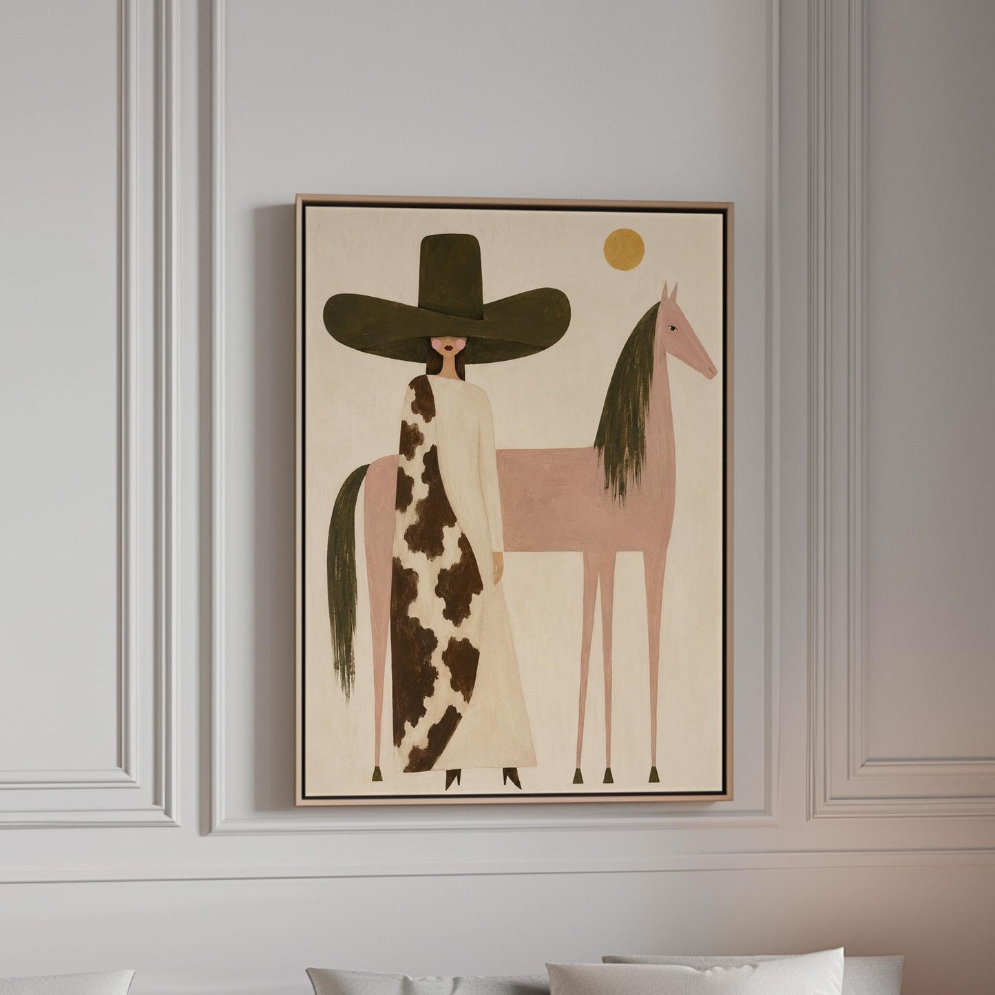 Woman in a tall dark hat standing beside a soft pink horse with olive mane, canvas print in a bright room with natural daylight