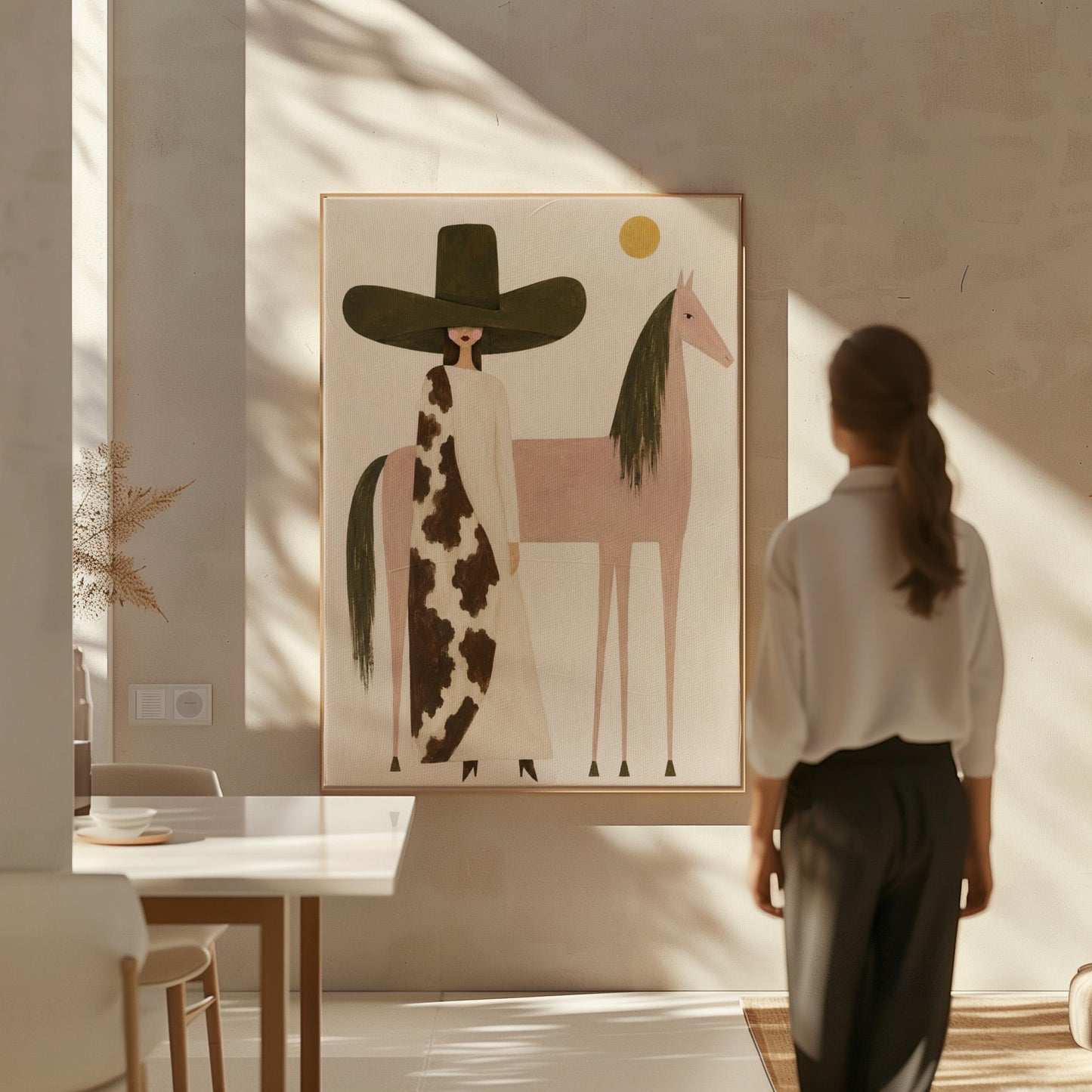 Woman in a tall dark hat standing beside a soft pink horse with olive mane, canvas print on a quiet wall in a considered interior