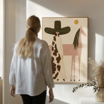 Woman in a tall dark hat standing beside a soft pink horse with olive mane, canvas wall art styled against a soft white wall