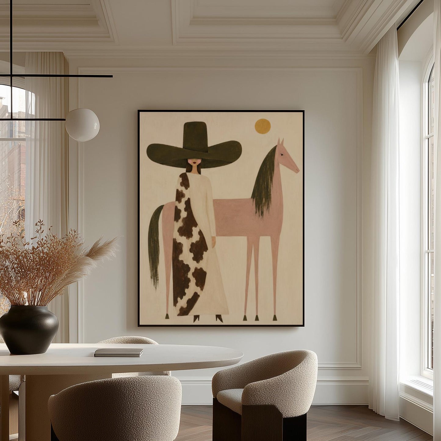 Woman in a tall dark hat standing beside a soft pink horse with olive mane, canvas wall art seen in a warm interior with natural light