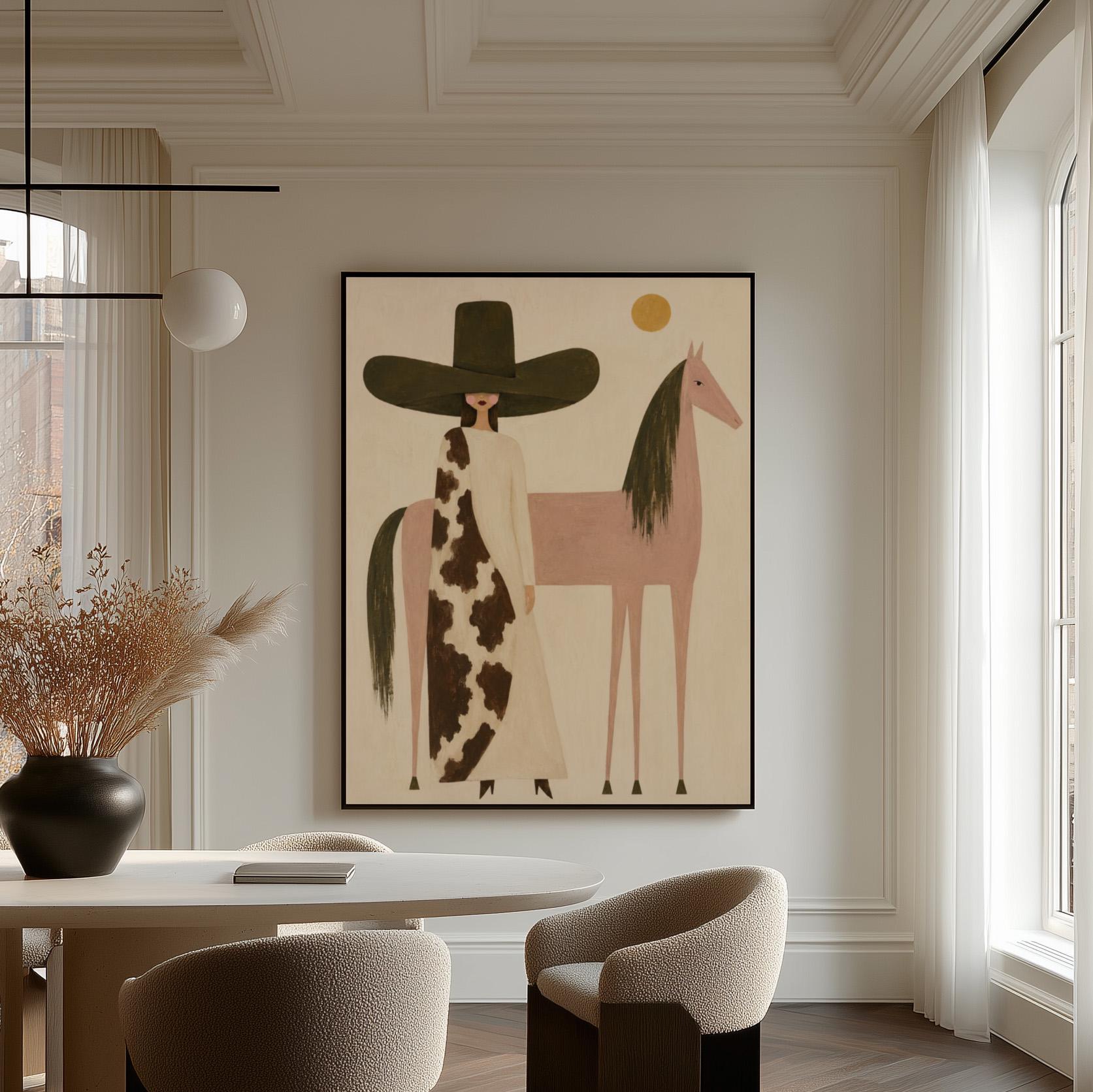 Woman in a tall dark hat standing beside a soft pink horse with olive mane, canvas wall art seen in a warm interior with natural light