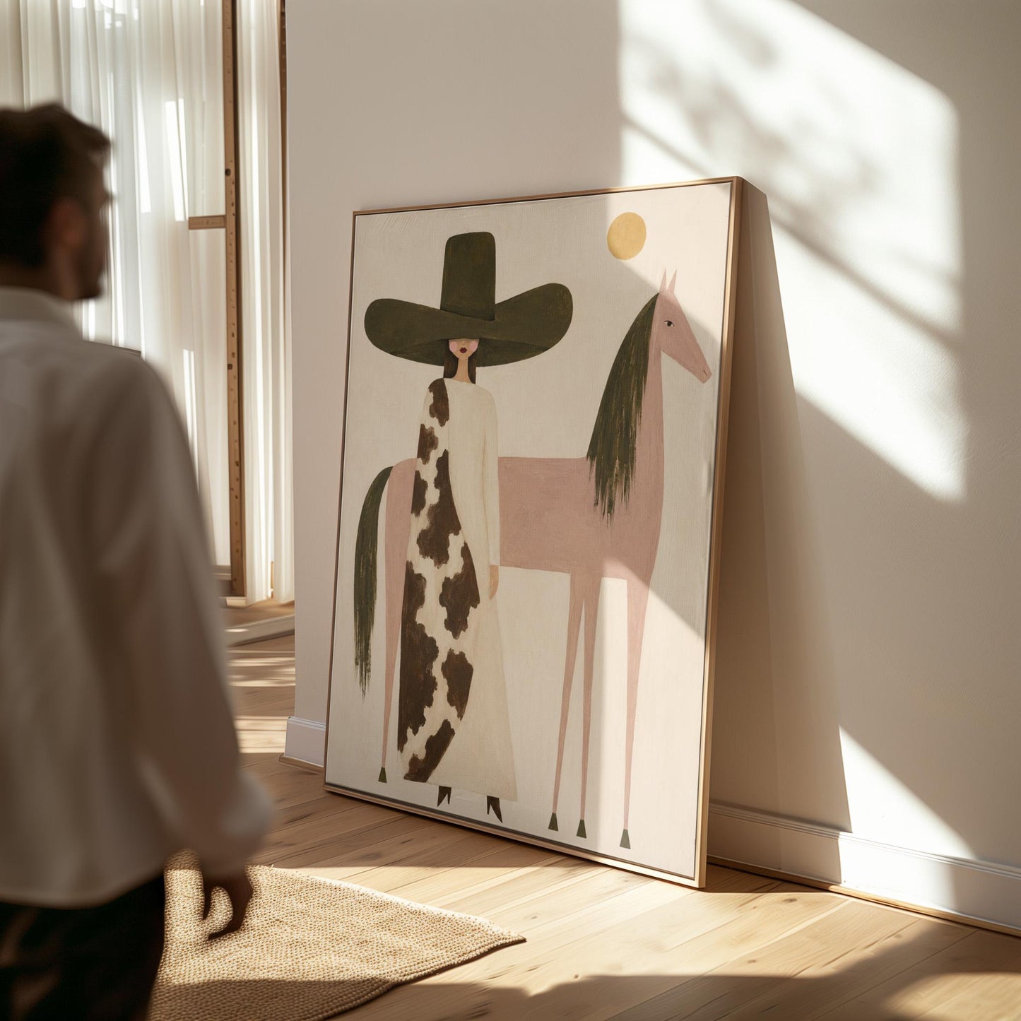 Woman in a tall dark hat standing beside a soft pink horse with olive mane, canvas wall art presented in a light, minimal room
