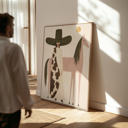 Woman in a tall dark hat standing beside a soft pink horse with olive mane, canvas wall art presented in a light, minimal room