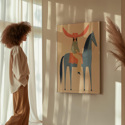 Cowgirl in a dramatic red hat riding a slender blue horse across pale sand, canvas print styled against a soft white wall