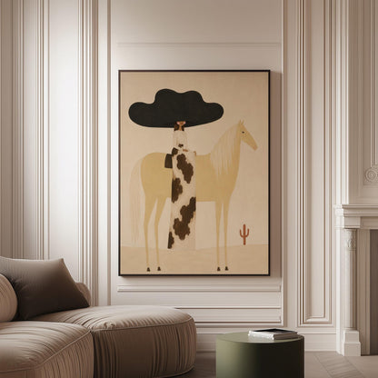 Woman in a huge black hat riding a pale palomino across a desert with cactus, canvas print on a softly lit wall in a calm interior