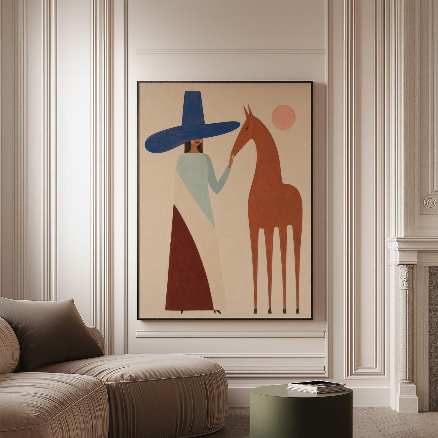 Woman in a tall blue hat reaching to a slim chestnut horse under a pink sun, canvas print on a softly lit wall in a calm interior