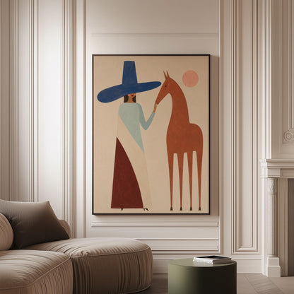 Woman in a tall blue hat reaching to a slim chestnut horse under a pink sun, canvas print on a softly lit wall in a calm interior