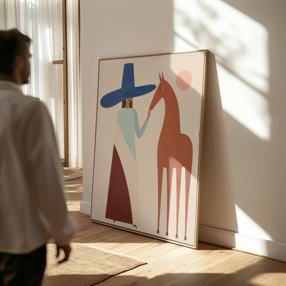 Woman in a tall blue hat reaching to a slim chestnut horse under a pink sun, canvas print seen in a warm interior with natural light