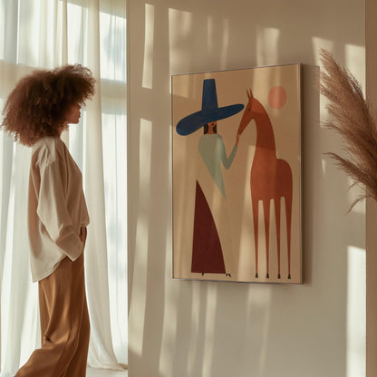 Woman in a tall blue hat reaching to a slim chestnut horse under a pink sun, canvas print on a quiet wall in a considered interior