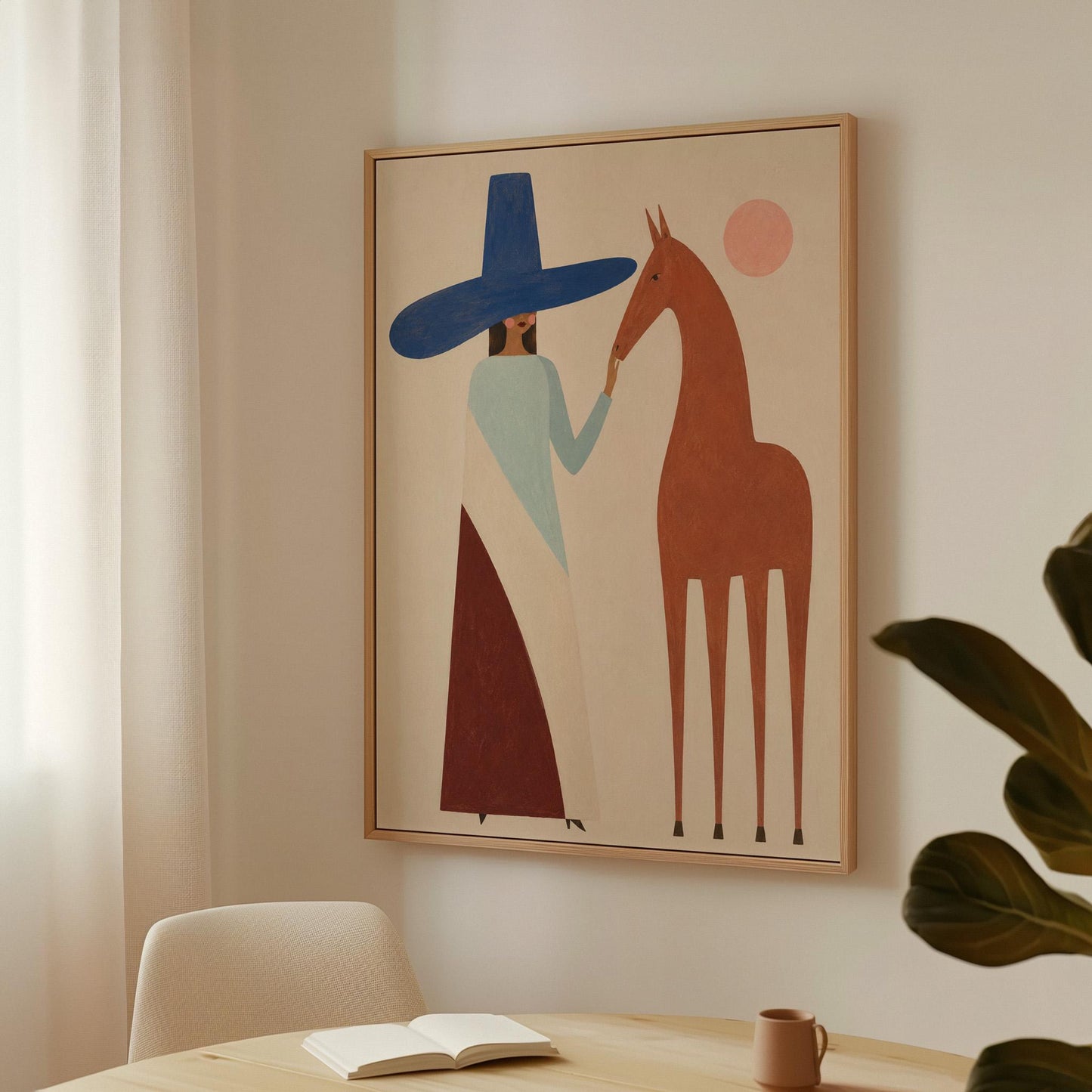 Woman in a tall blue hat reaching to a slim chestnut horse under a pink sun, canvas wall art presented in a light, minimal room