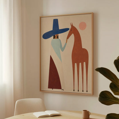 Woman in a tall blue hat reaching to a slim chestnut horse under a pink sun, canvas wall art presented in a light, minimal room
