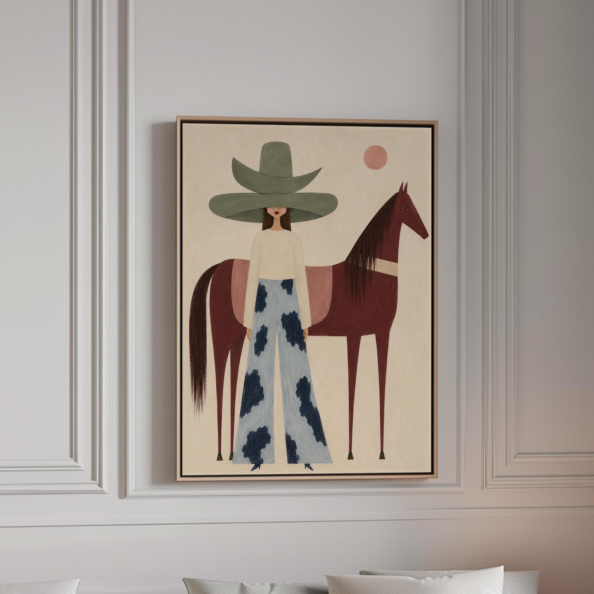 Woman in a pink bonnet standing beside a tall olive green folk horse, canvas print in a bright room with natural daylight