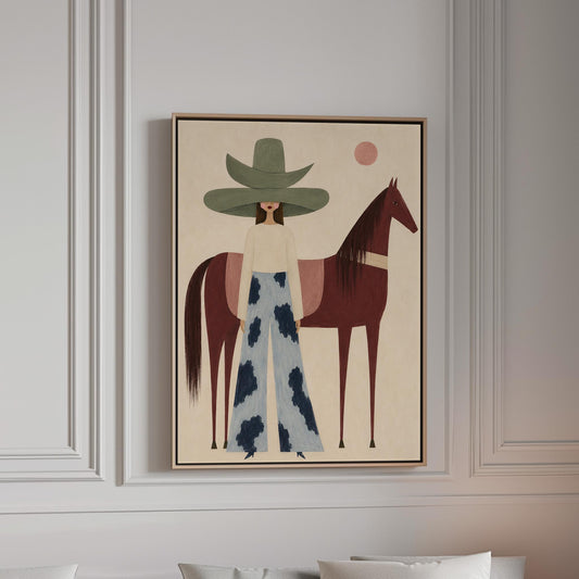 Woman in a pink bonnet standing beside a tall olive green folk horse, canvas print in a bright room with natural daylight