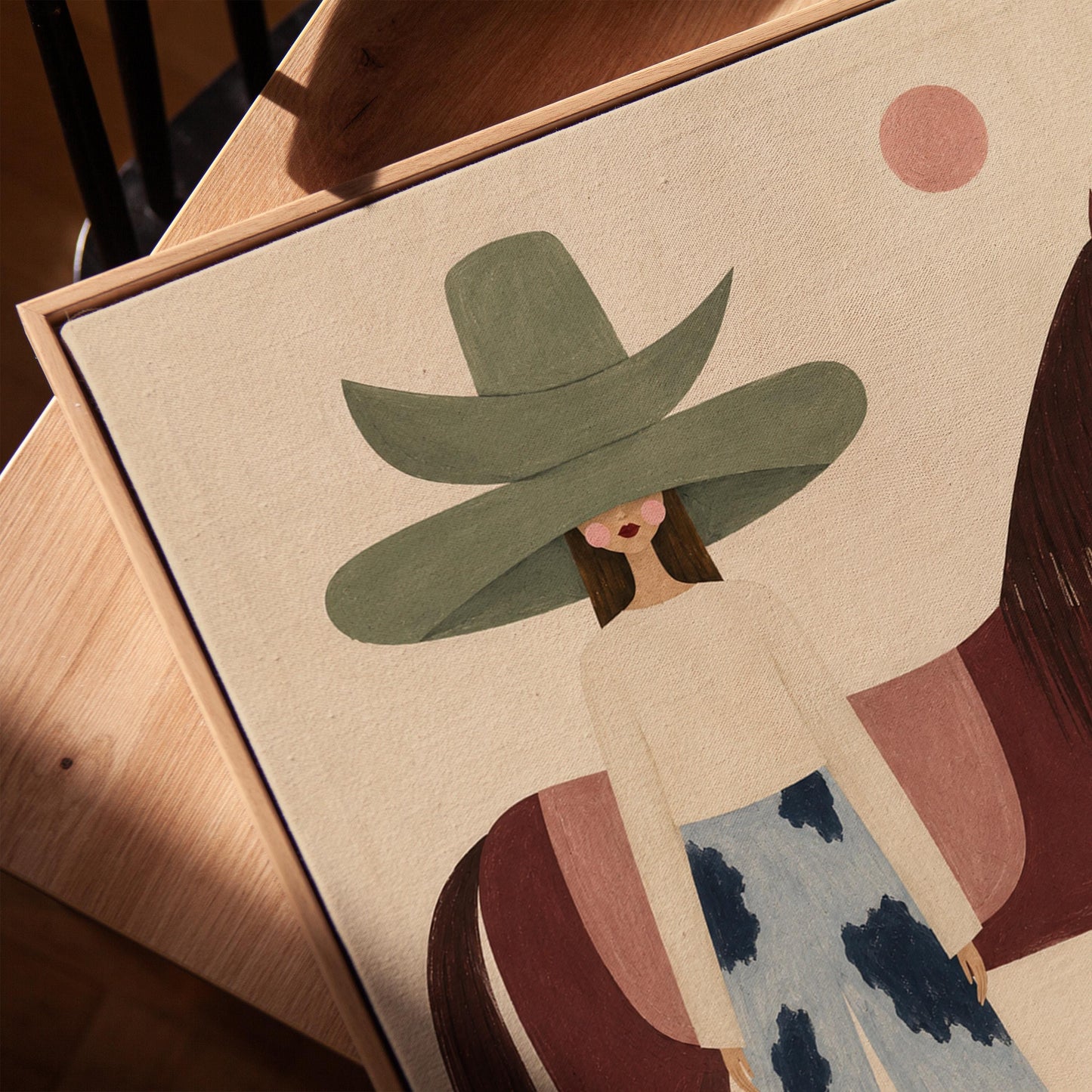Woman in a pink bonnet standing beside a tall olive green folk horse, canvas print in a warm, minimally styled interior