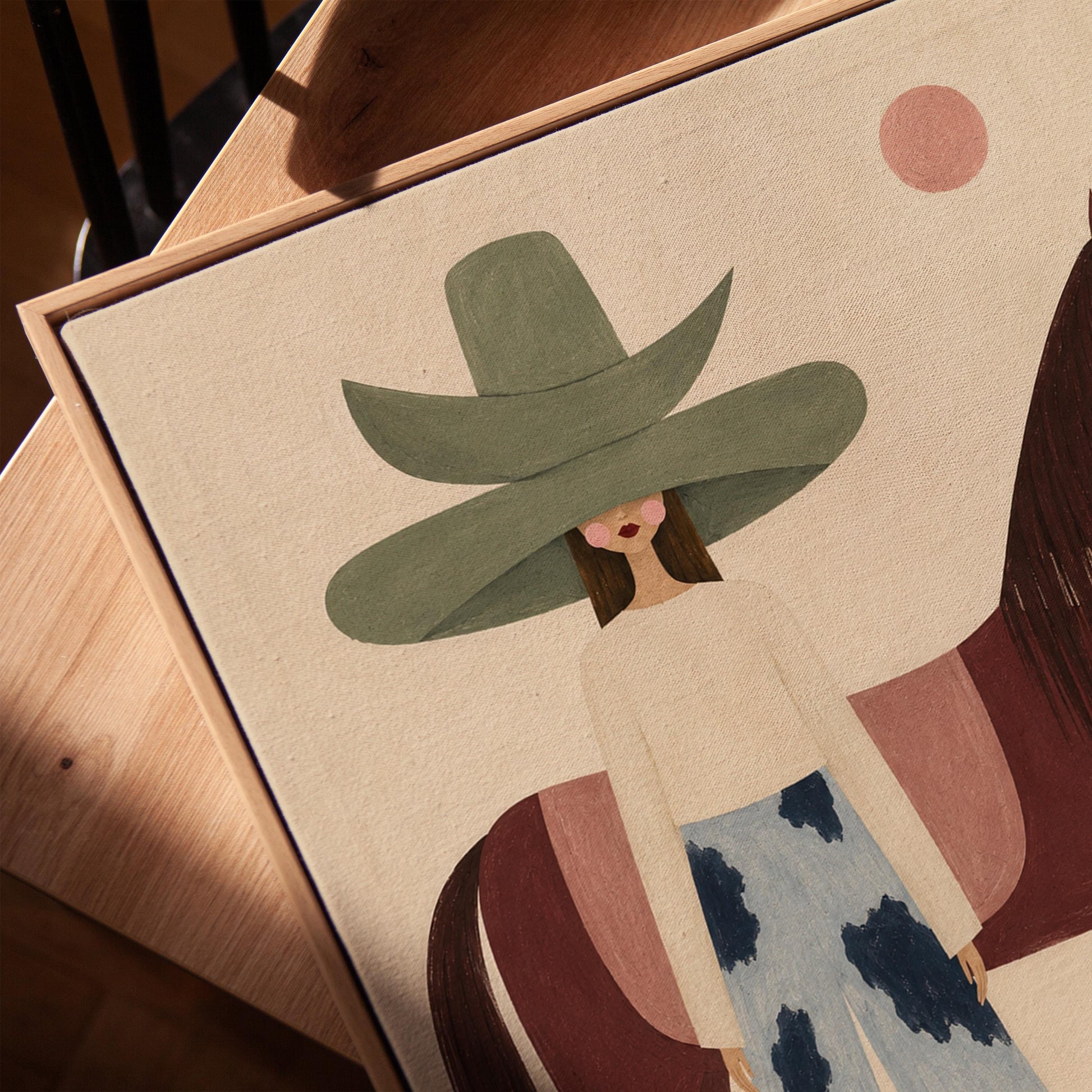 Woman in a pink bonnet standing beside a tall olive green folk horse, canvas print in a warm, minimally styled interior