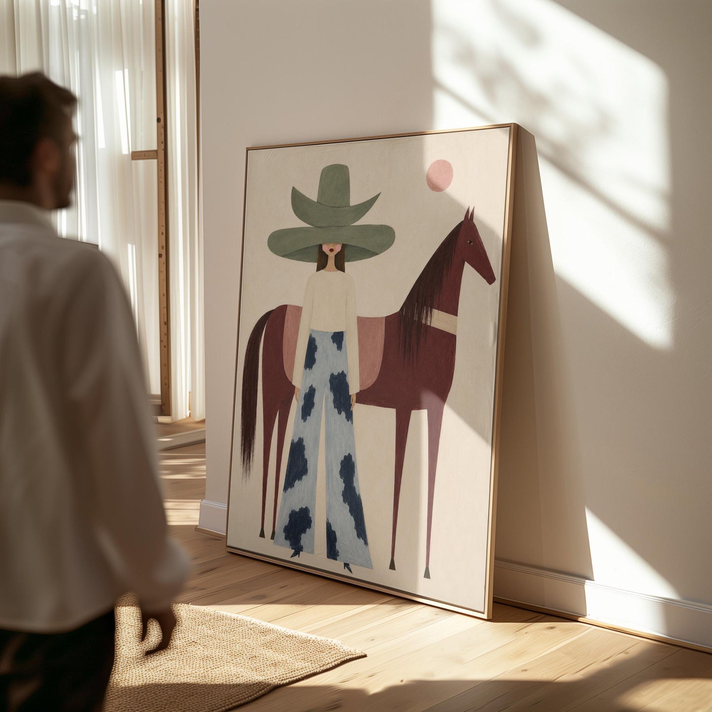 Woman in a pink bonnet standing beside a tall olive green folk horse, canvas print seen in a warm interior with natural light