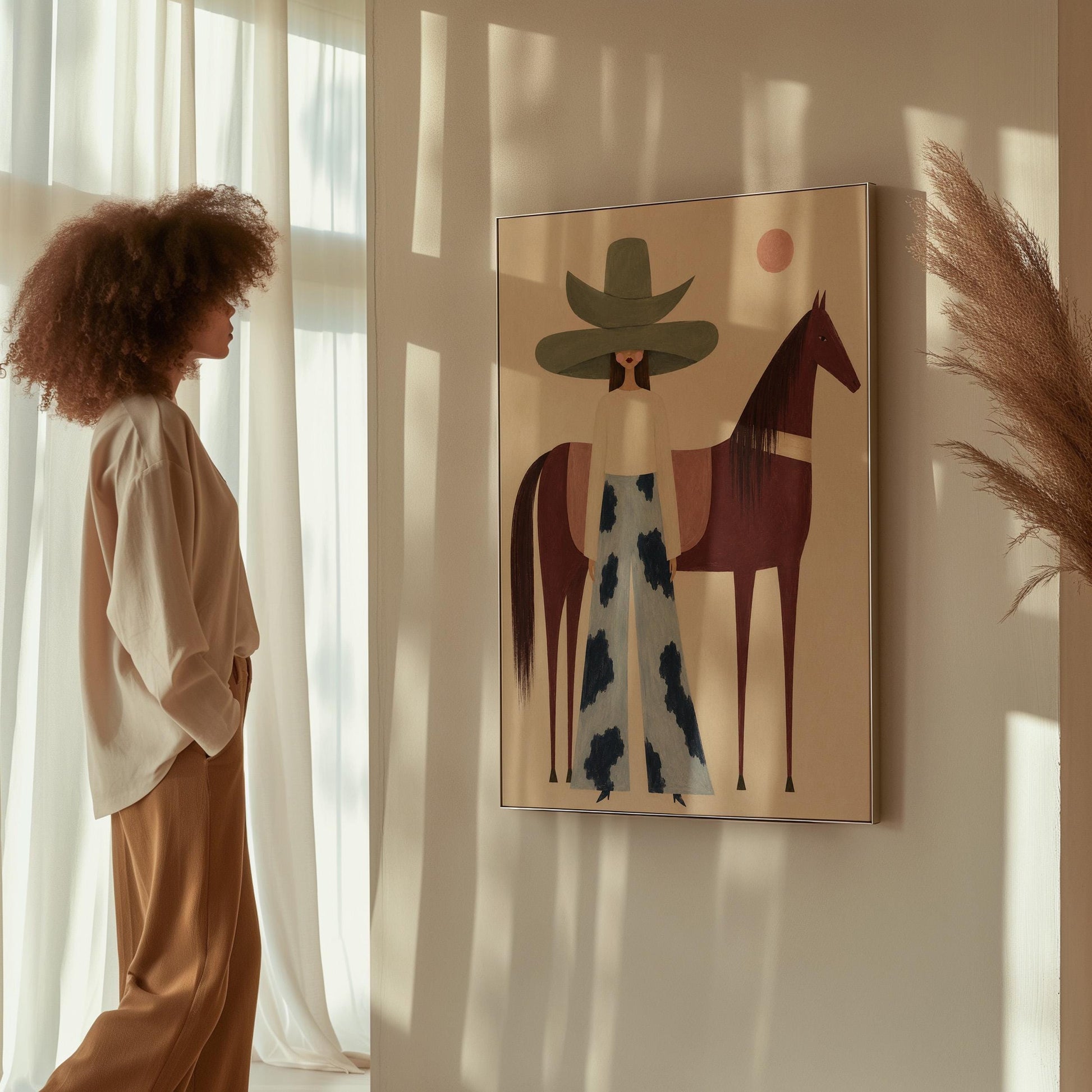 Woman in a pink bonnet standing beside a tall olive green folk horse, canvas print displayed on a neutral wall in a styled interior