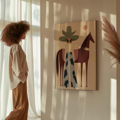 Woman in a pink bonnet standing beside a tall olive green folk horse, canvas print displayed on a neutral wall in a styled interior