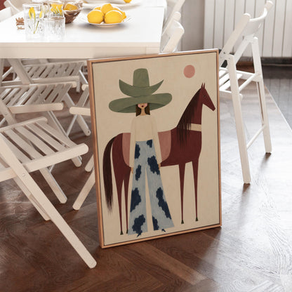 Woman in a pink bonnet standing beside a tall olive green folk horse, canvas wall art hanging in a calm, modern living space