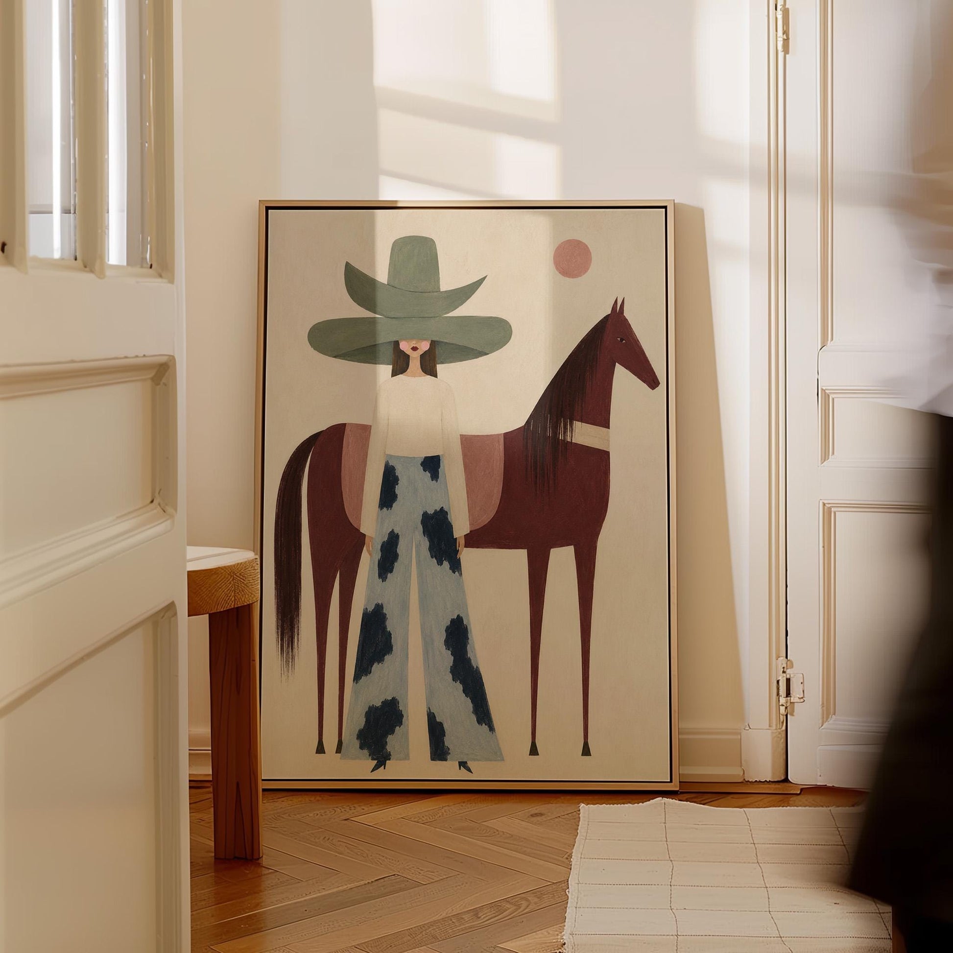 Woman in a pink bonnet standing beside a tall olive green folk horse, canvas wall art seen in a warm interior with natural light