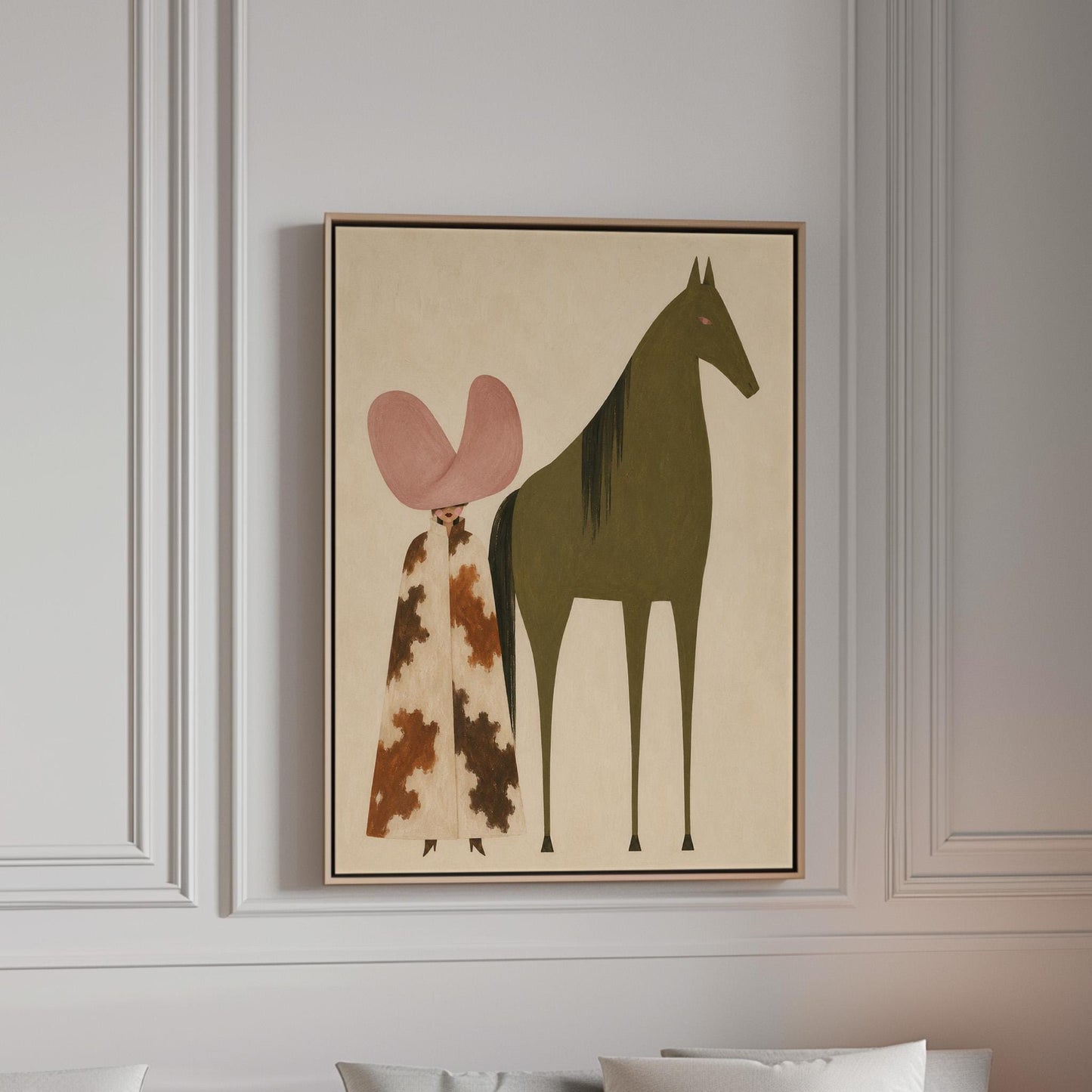 Cowgirl in a green hat and spotted pants before a deep maroon folk horse, canvas print in a bright room with natural daylight