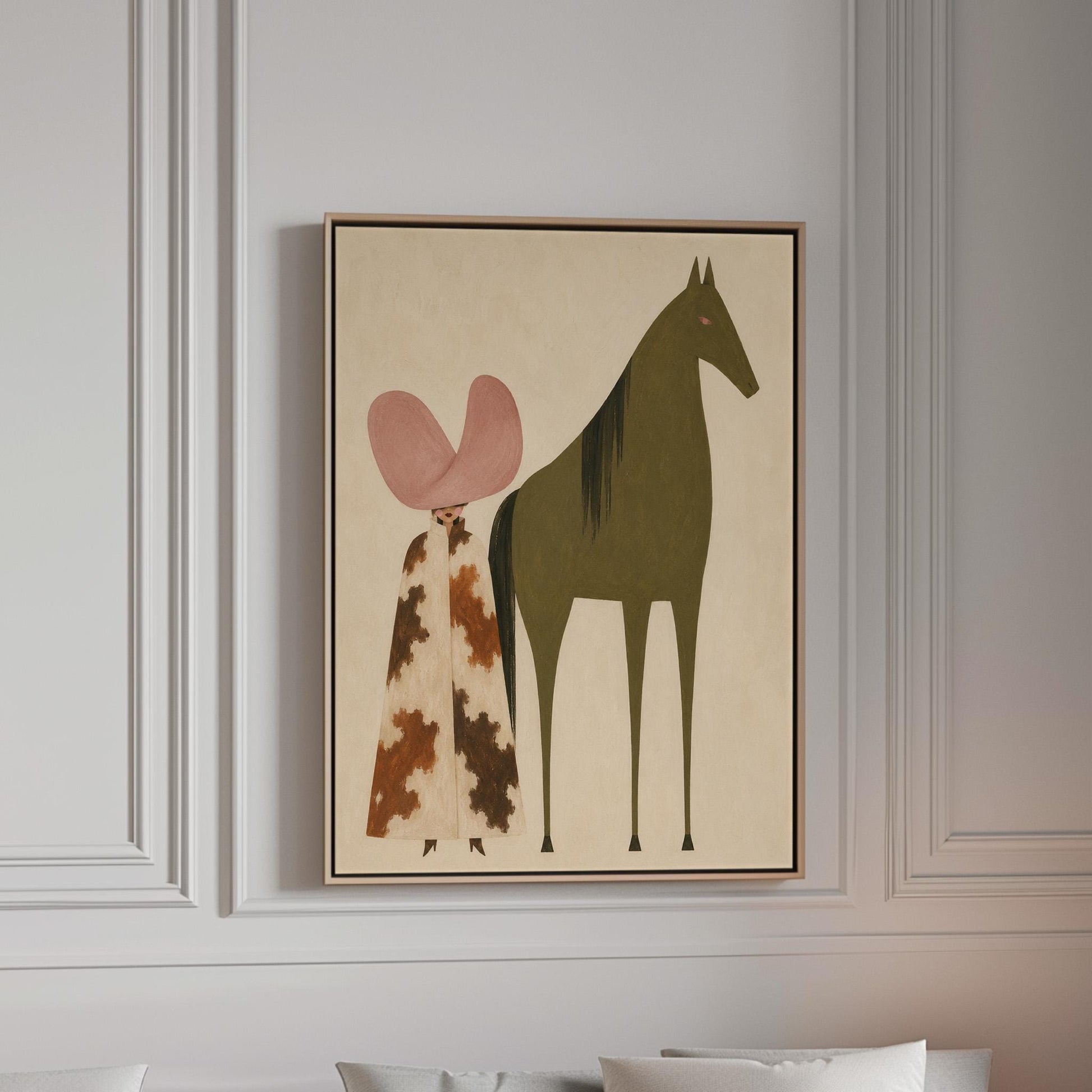 Cowgirl in a green hat and spotted pants before a deep maroon folk horse, canvas print in a bright room with natural daylight