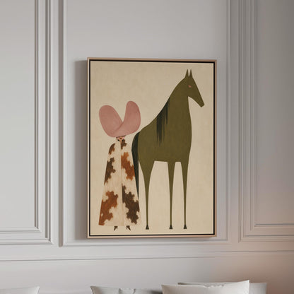 Cowgirl in a green hat and spotted pants before a deep maroon folk horse, canvas print in a bright room with natural daylight