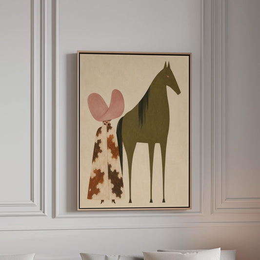 Cowgirl in a green hat and spotted pants before a deep maroon folk horse, canvas print in a bright room with natural daylight