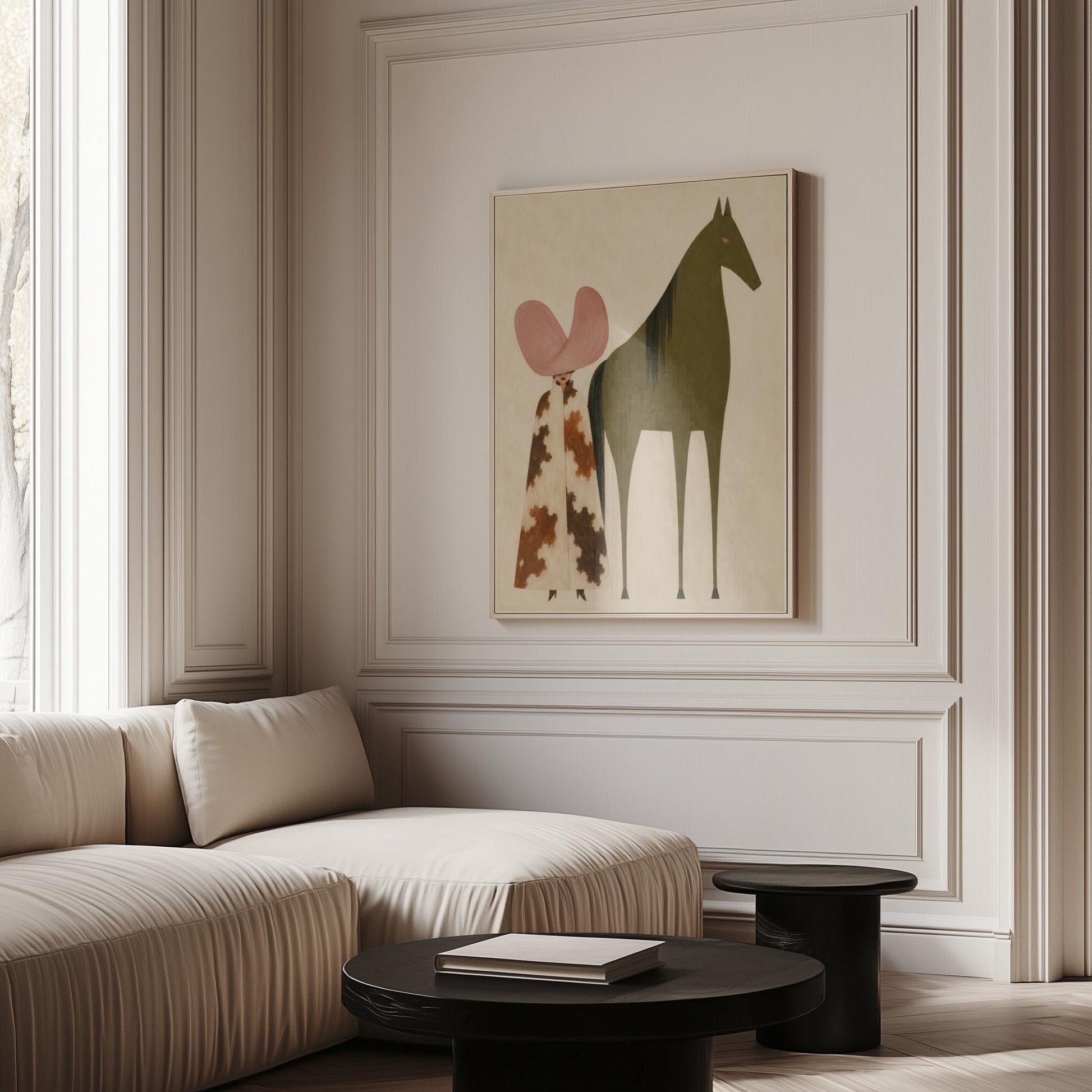 Cowgirl in a green hat and spotted pants before a deep maroon folk horse, canvas print shown to scale in a furnished room