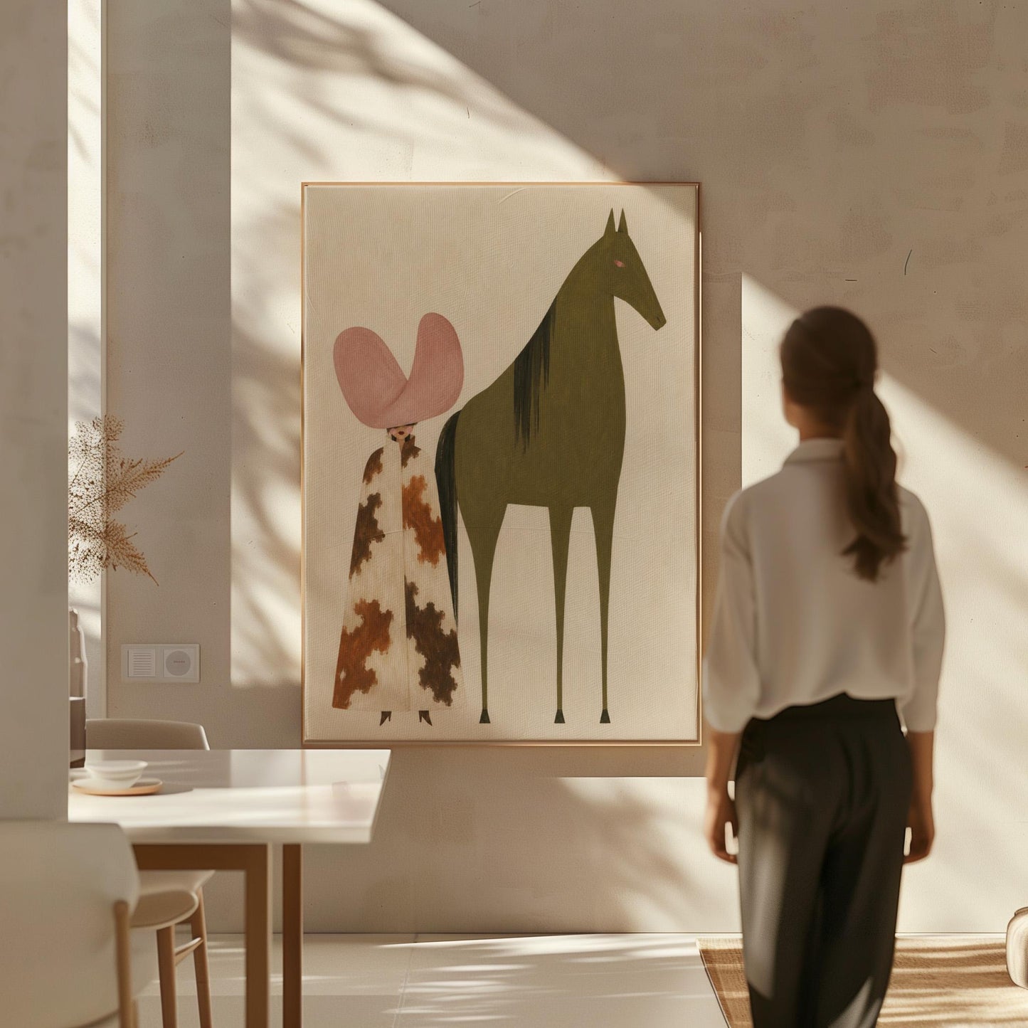 Cowgirl in a green hat and spotted pants before a deep maroon folk horse, canvas print displayed on a neutral wall in a styled interior