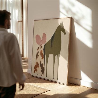 Cowgirl in a green hat and spotted pants before a deep maroon folk horse, canvas wall art presented in a light, minimal room