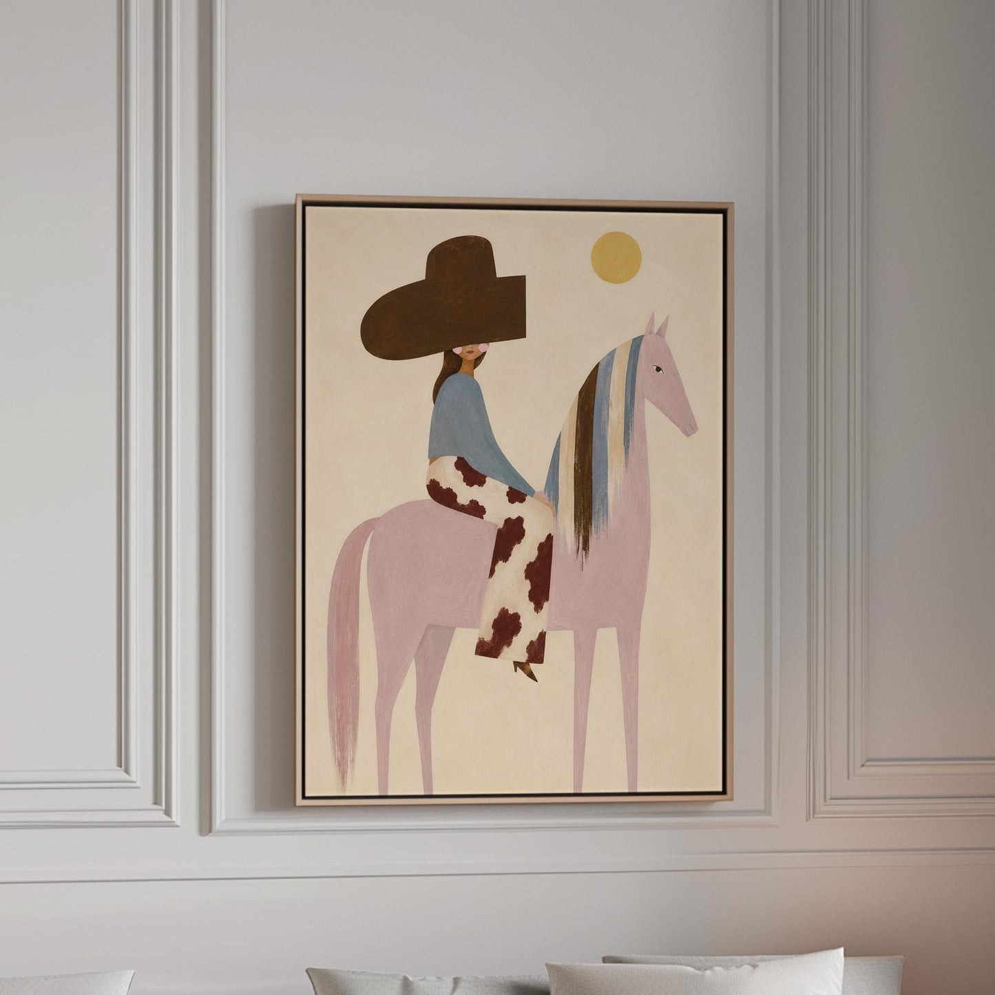 Woman in a large brown hat riding a soft pink horse with a striped mane, canvas print in a bright room with natural daylight