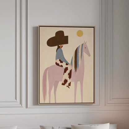 Woman in a large brown hat riding a soft pink horse with a striped mane, canvas print in a bright room with natural daylight