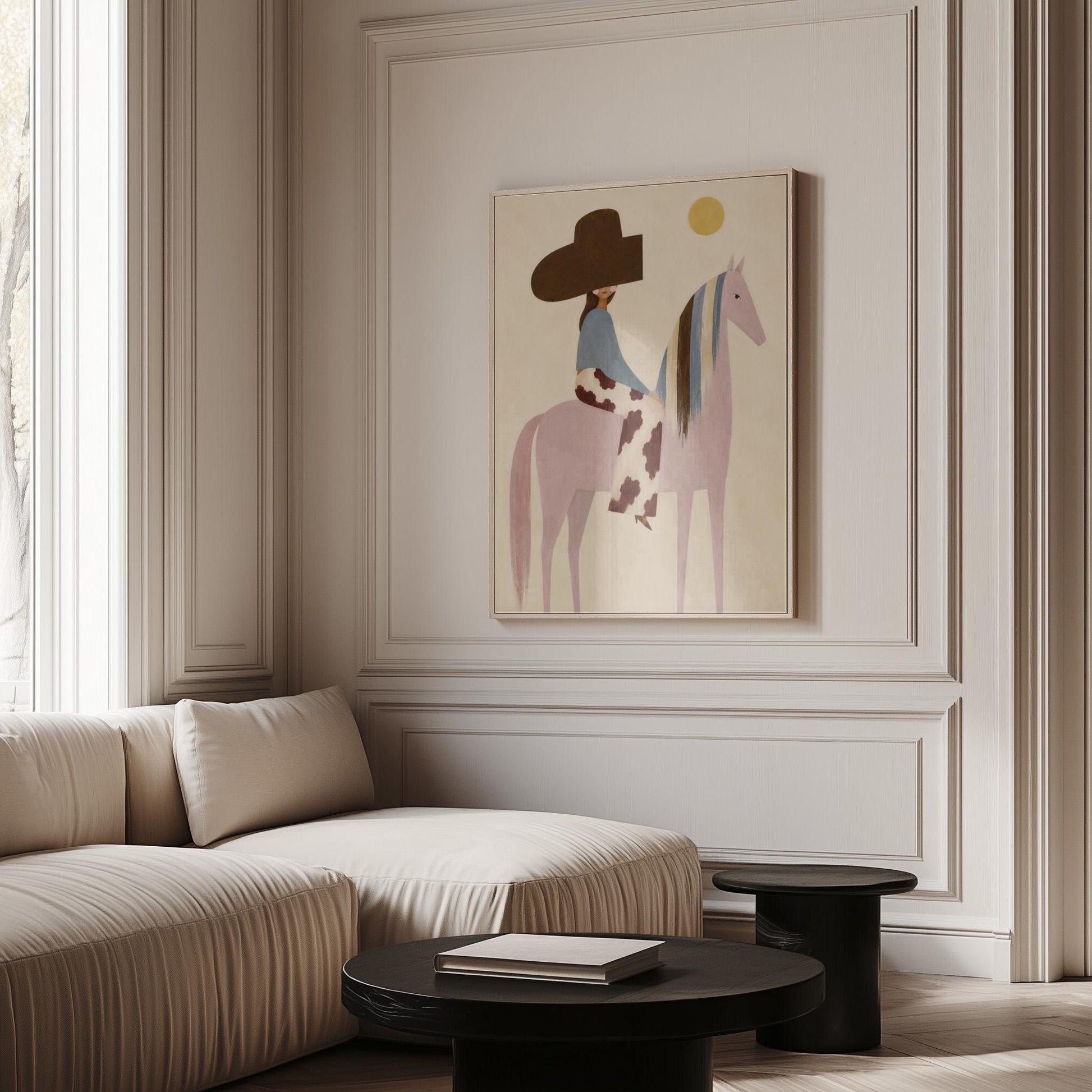 Woman in a large brown hat riding a soft pink horse with a striped mane, canvas print hanging in a calm, modern living space