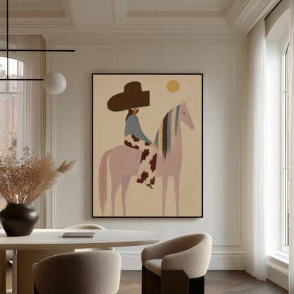 Woman in a large brown hat riding a soft pink horse with a striped mane, canvas print presented in a light, minimal room