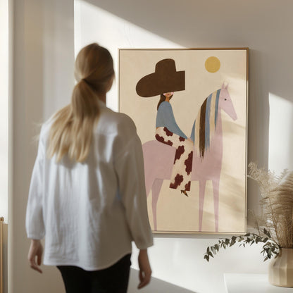 Woman in a large brown hat riding a soft pink horse with a striped mane, canvas print on a quiet wall in a considered interior