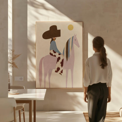 Woman in a large brown hat riding a soft pink horse with a striped mane, canvas print shown in a sunlit, contemporary room