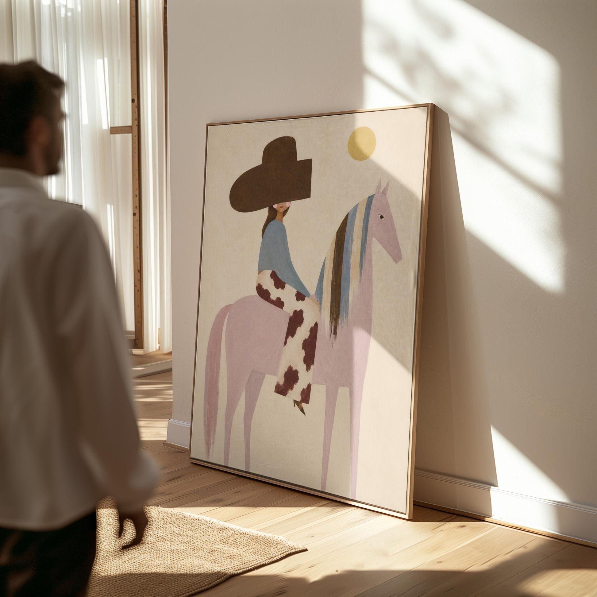 Woman in a large brown hat riding a soft pink horse with a striped mane, canvas wall art styled against a soft white wall