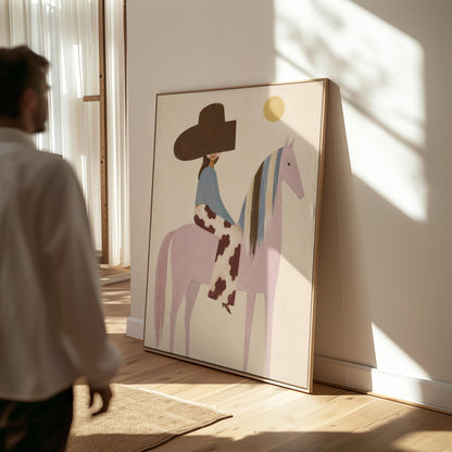 Woman in a large brown hat riding a soft pink horse with a striped mane, canvas wall art styled against a soft white wall
