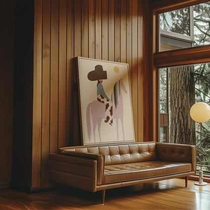Woman in a large brown hat riding a soft pink horse with a striped mane, canvas wall art presented in a light, minimal room