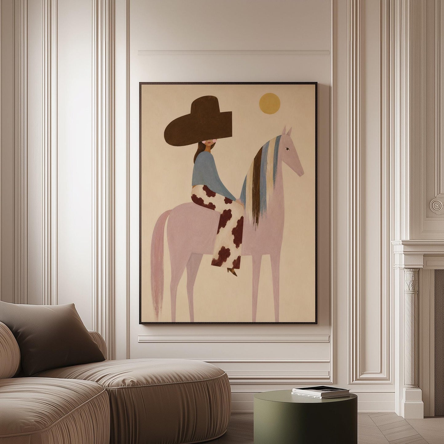 Woman in a large brown hat riding a soft pink horse with a striped mane, canvas print on a softly lit wall in a calm interior