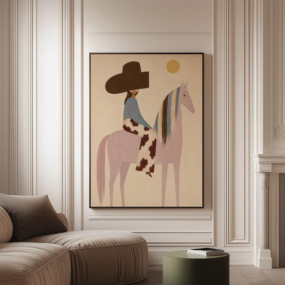 Woman in a large brown hat riding a soft pink horse with a striped mane, canvas print on a softly lit wall in a calm interior