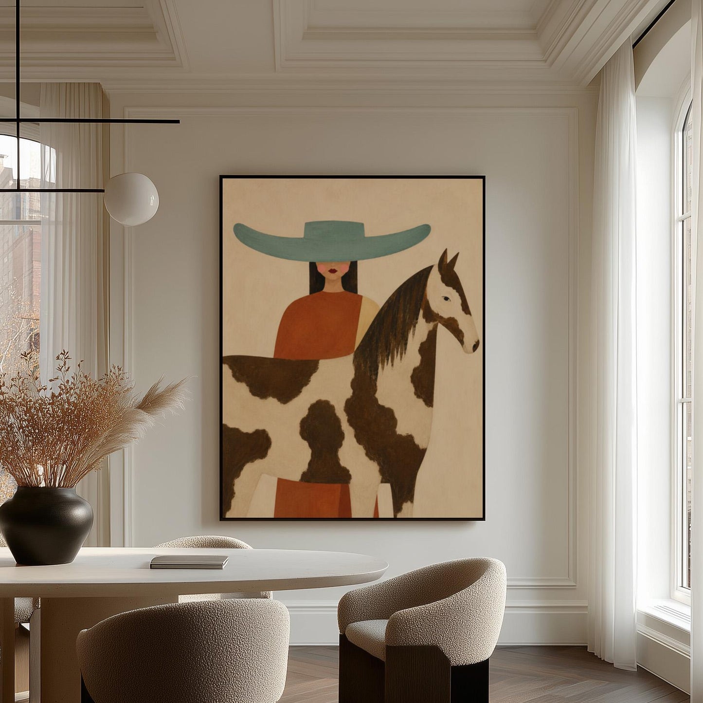 Woman in a teal hat beside a brown and white pinto horse in warm light, canvas print hanging in a calm, modern living space