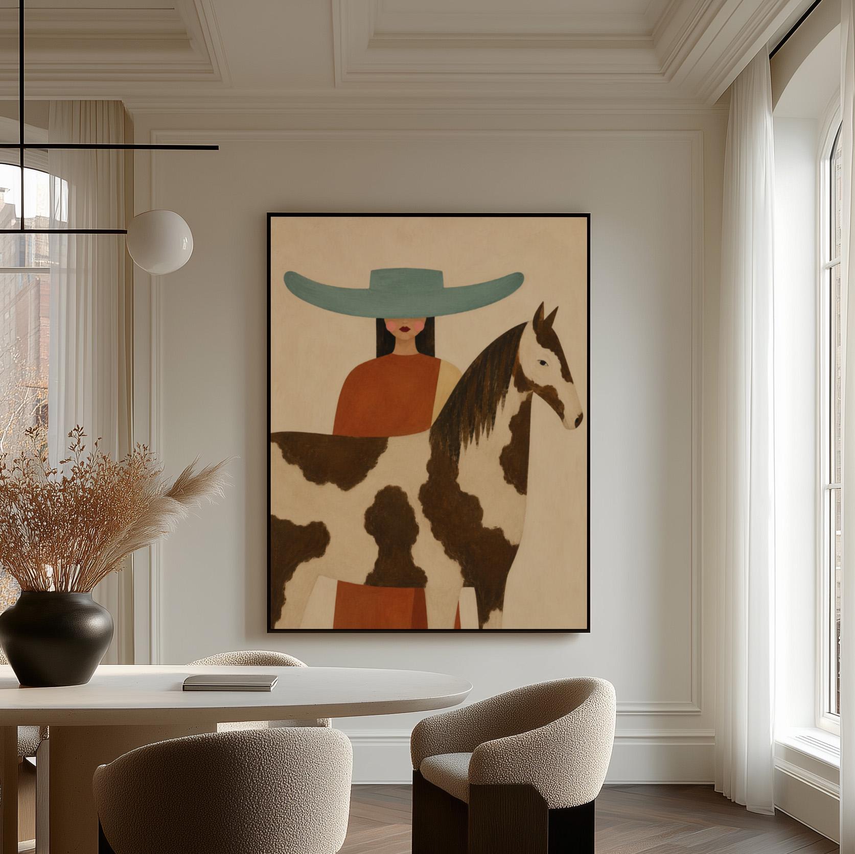 Woman in a teal hat beside a brown and white pinto horse in warm light, canvas print hanging in a calm, modern living space