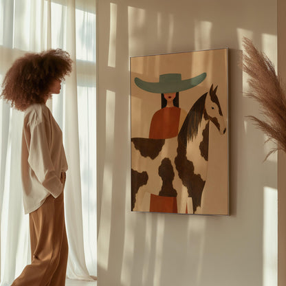 Woman in a teal hat beside a brown and white pinto horse in warm light, canvas print styled against a soft white wall