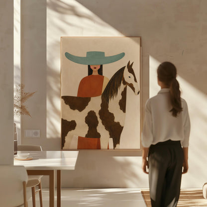 Woman in a teal hat beside a brown and white pinto horse in warm light, canvas print on a quiet wall in a considered interior