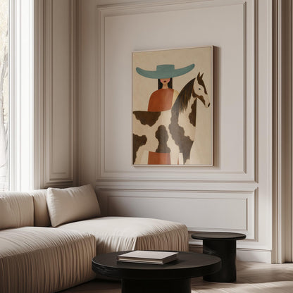 Woman in a teal hat beside a brown and white pinto horse in warm light, canvas wall art hanging in a calm, modern living space